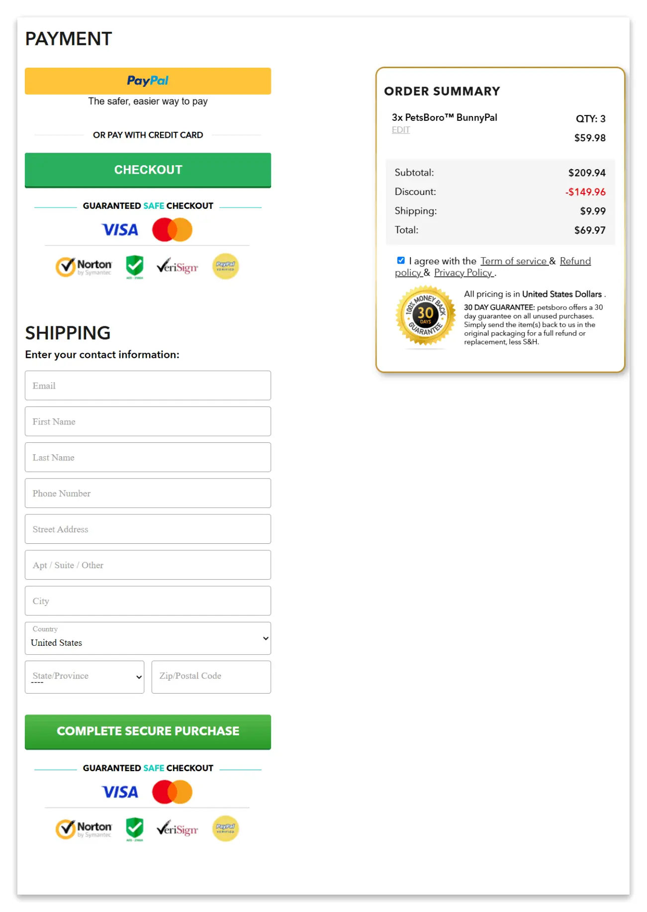 PetsBoro BunnyPal secure checkout page